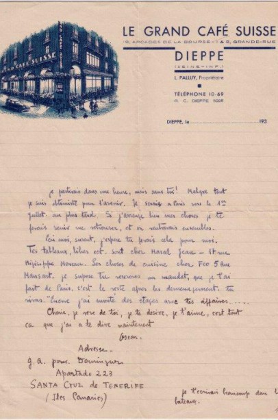 Carta de Óscar Domínguez a Macelle Ferry, 27 x 21 cm., fechada el 2 de mayo de 1936 y escrita sobre papel timbrado del Grand Café Suisse